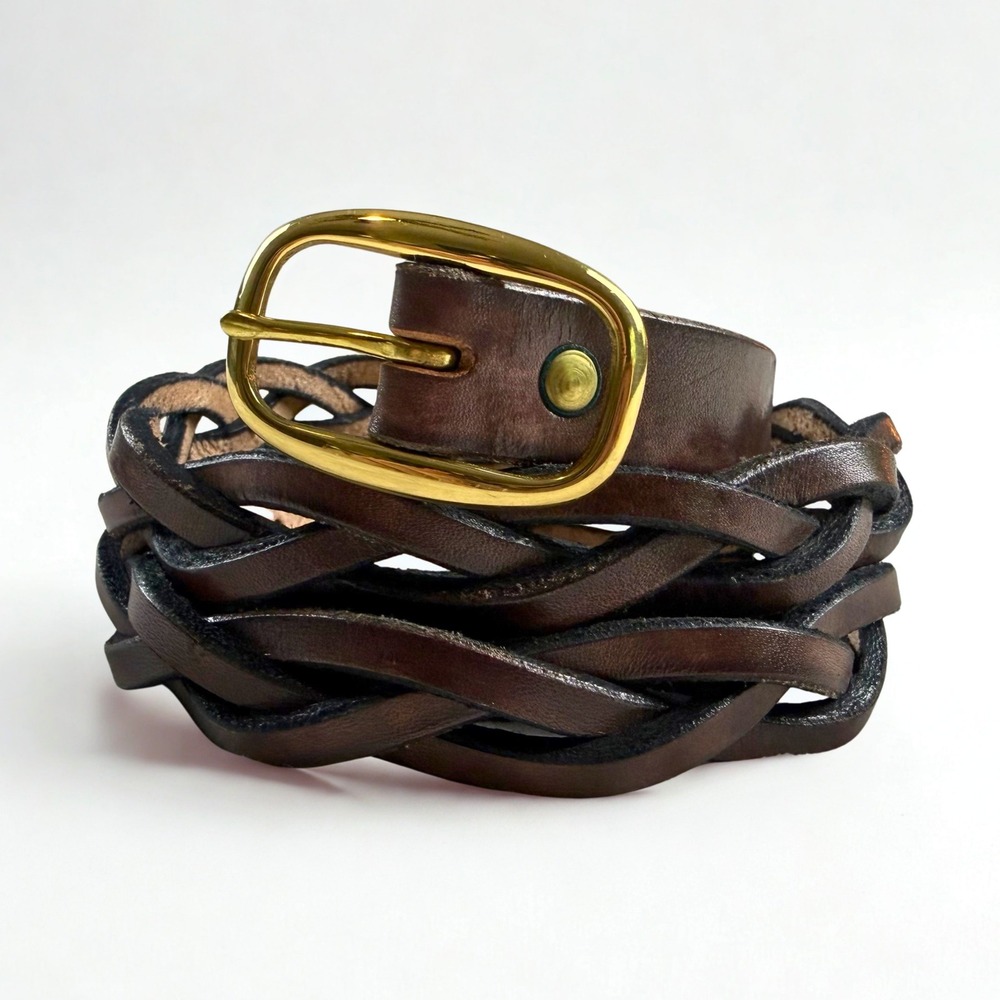 Braided Leather Belt Womens 40" Brown Brass Buckle Woven Boho Artisan‎ by Karen